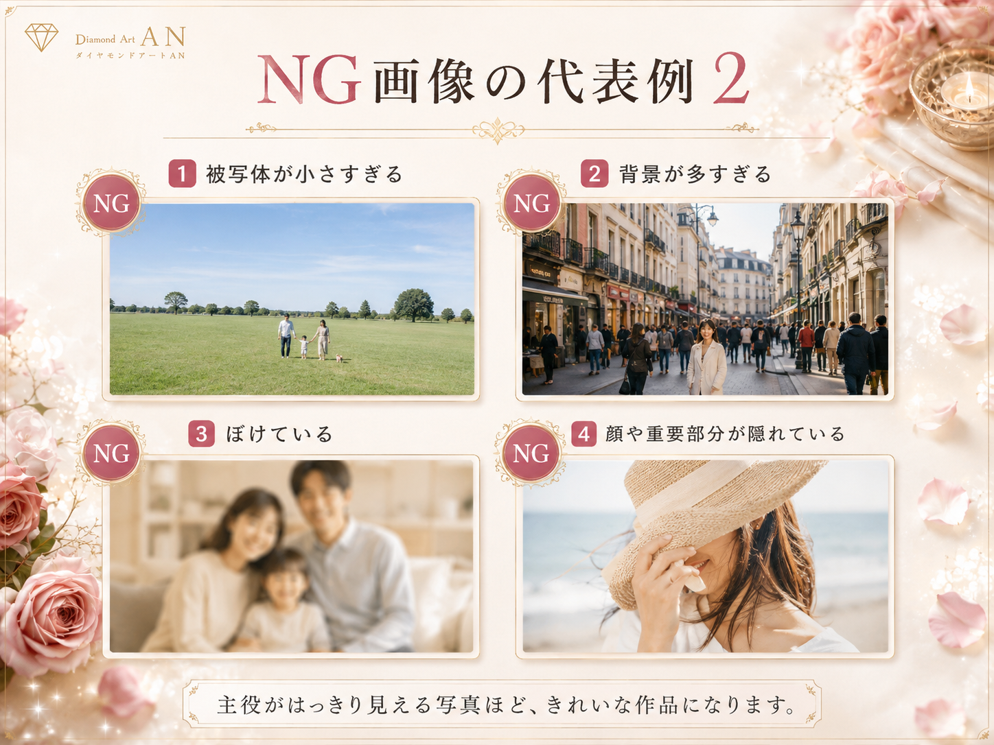 ダイヤモンドアートで被写体が小さい・背景が多い・ぼけている・重要部分が隠れているNG画像例