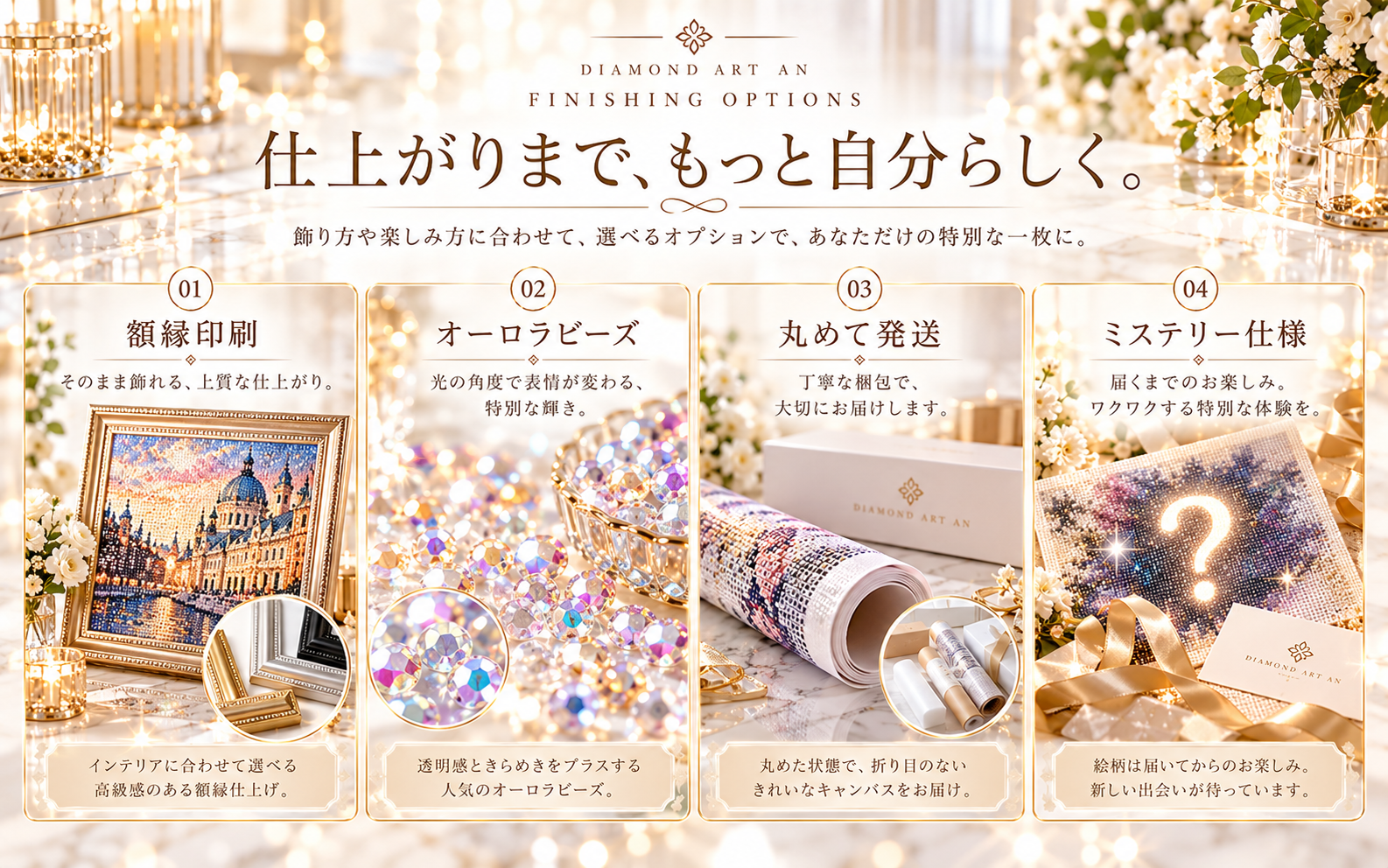 Diamond Art AN オーダーメイドの仕上げオプション 額縁印刷 オーロラビーズ 丸めて発送 ミステリー仕様
