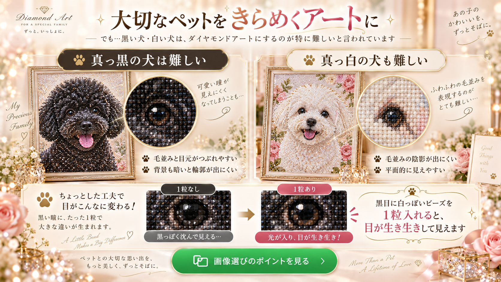 黒い犬と白い犬の表現の難しさと、目元を調整するコツを解説した画像