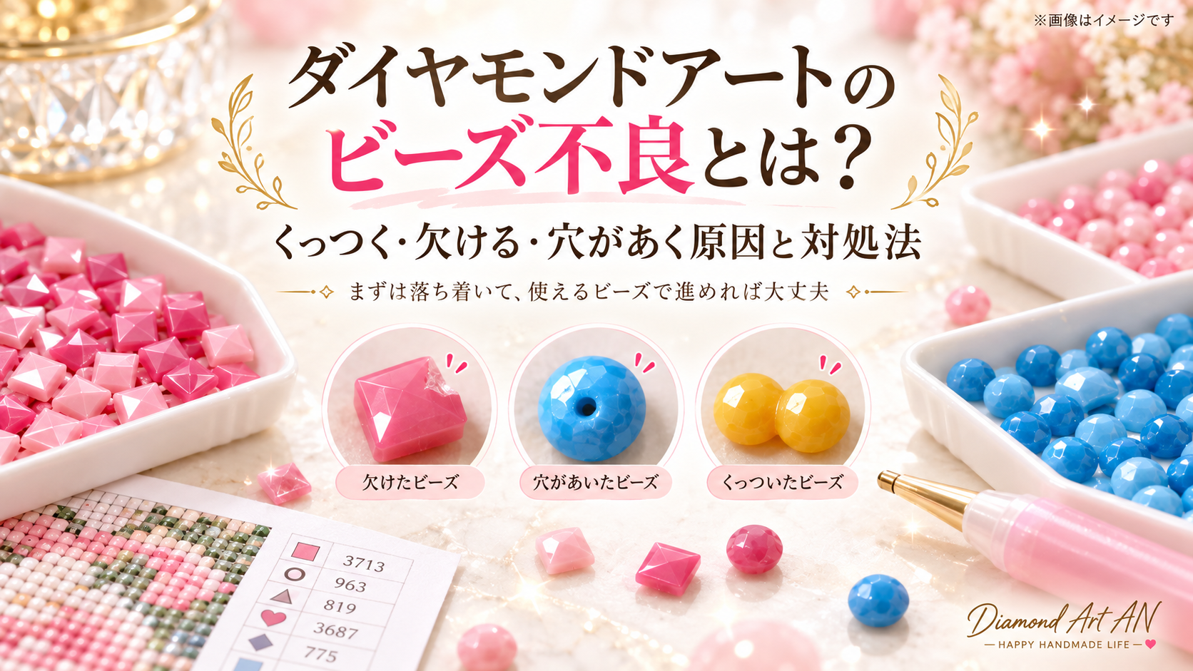 ダイヤモンドアートのビーズ不良 くっつく 欠ける 穴があいた 気泡が入った場合のガイド
