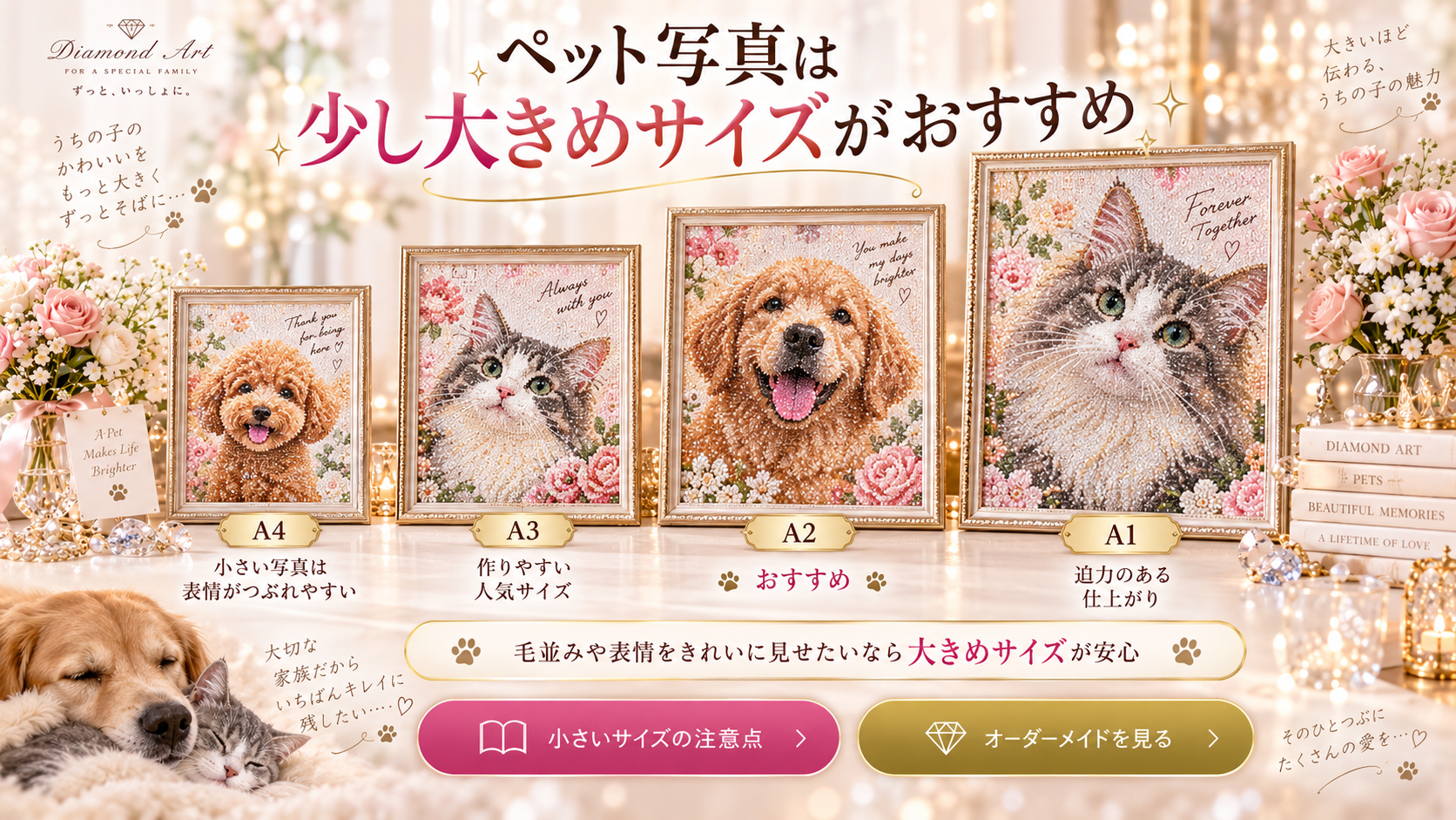ペットのダイヤモンドアートにおすすめのサイズ比較画像
