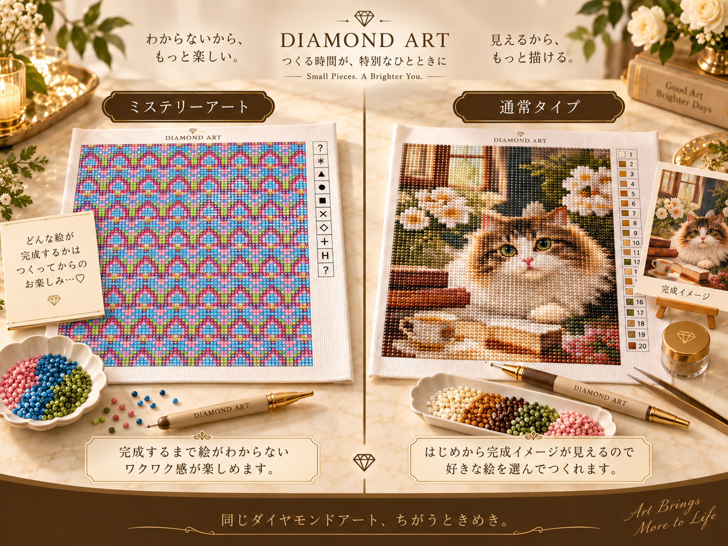 ミステリーアートと通常タイプのダイヤモンドアート比較