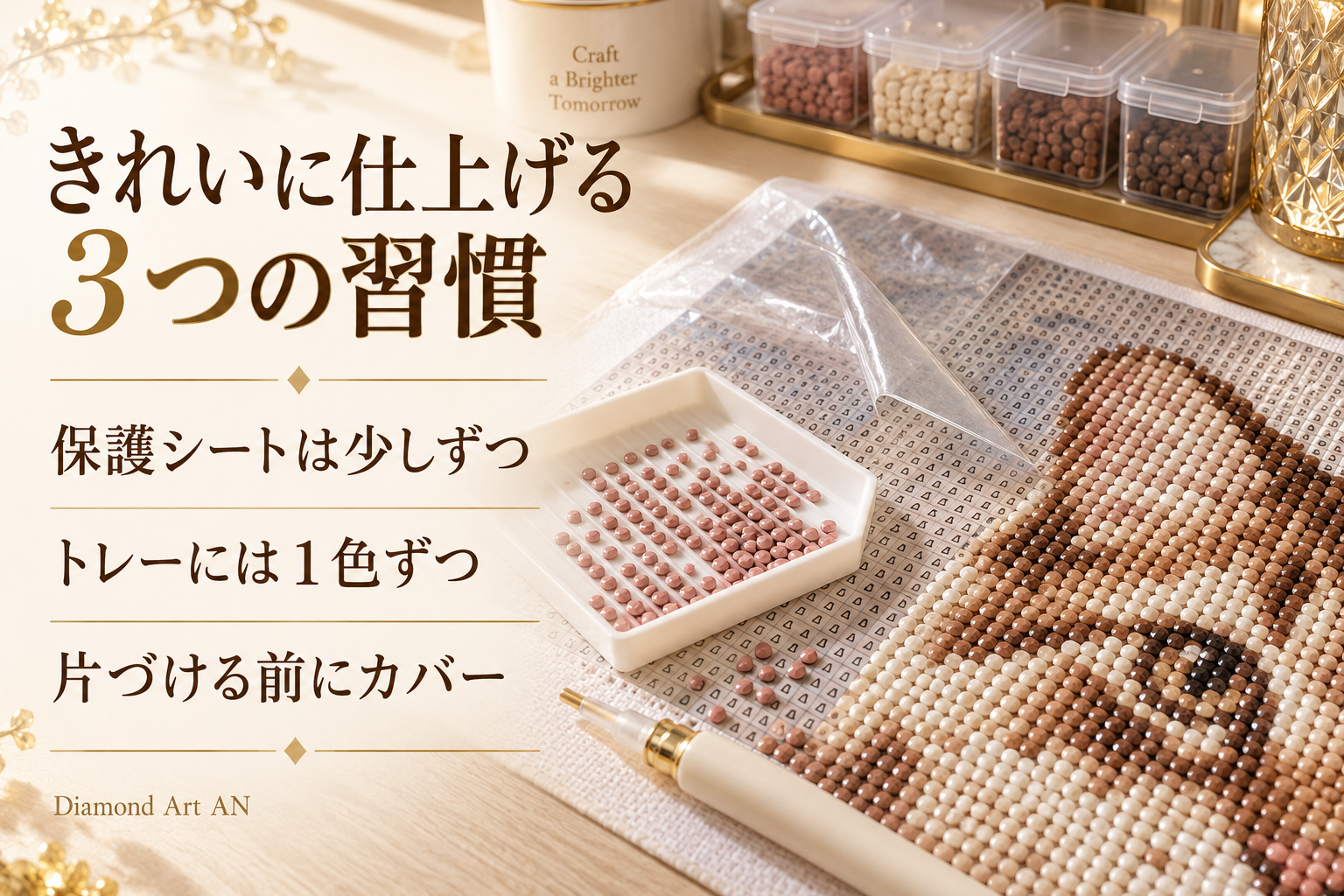 ダイヤモンドアート制作の3つの習慣。保護シートは少しずつ、トレーには1色ずつ、片づける前にカバー