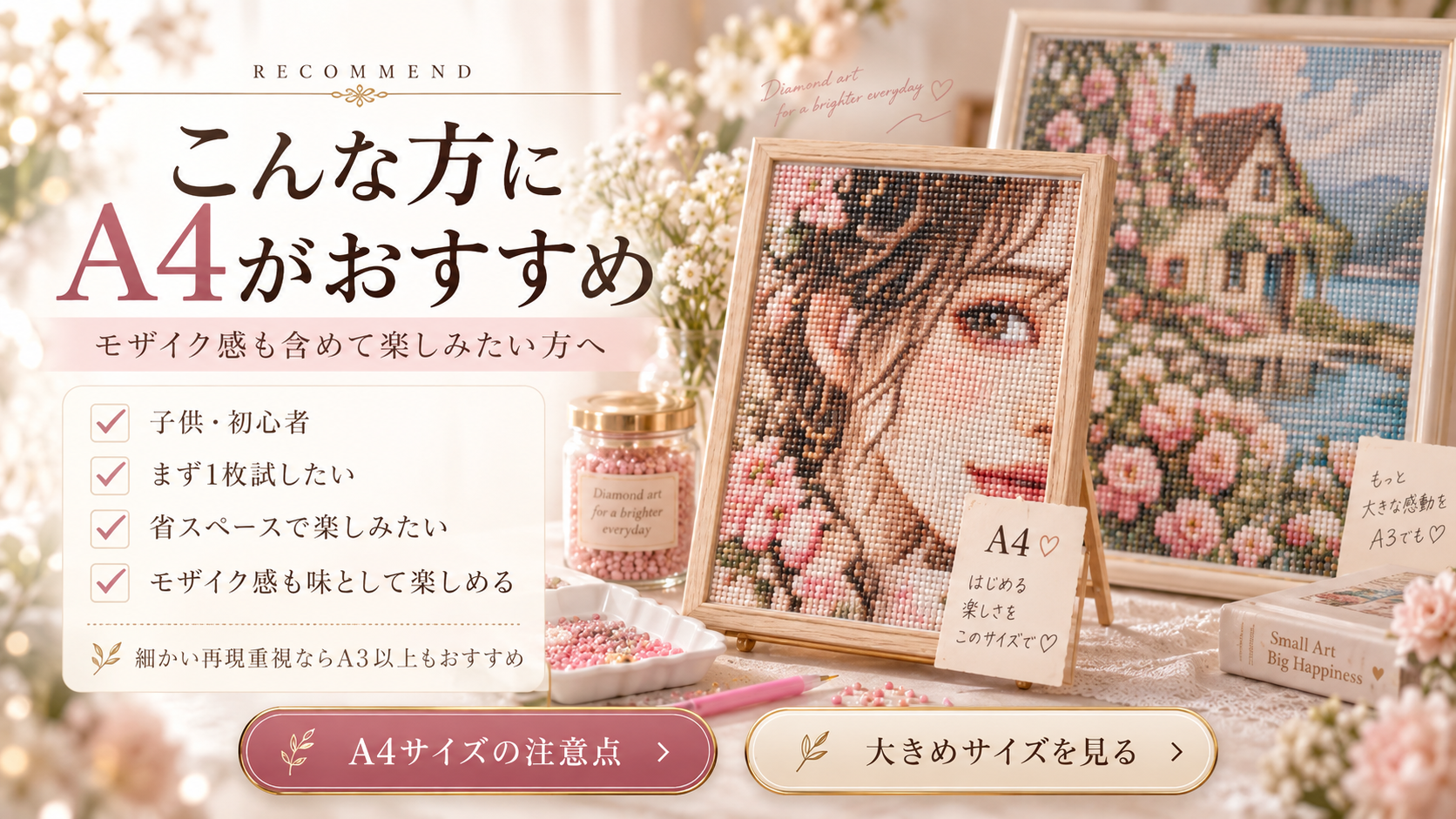 A4ダイヤモンドアートがおすすめな人。初心者・子供・モザイク感を楽しみたい方向け