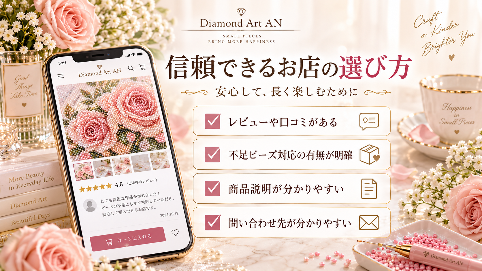 信頼できるダイヤモンドアート店の選び方 レビュー・不足ビーズ対応・商品説明・問い合わせ先を確認