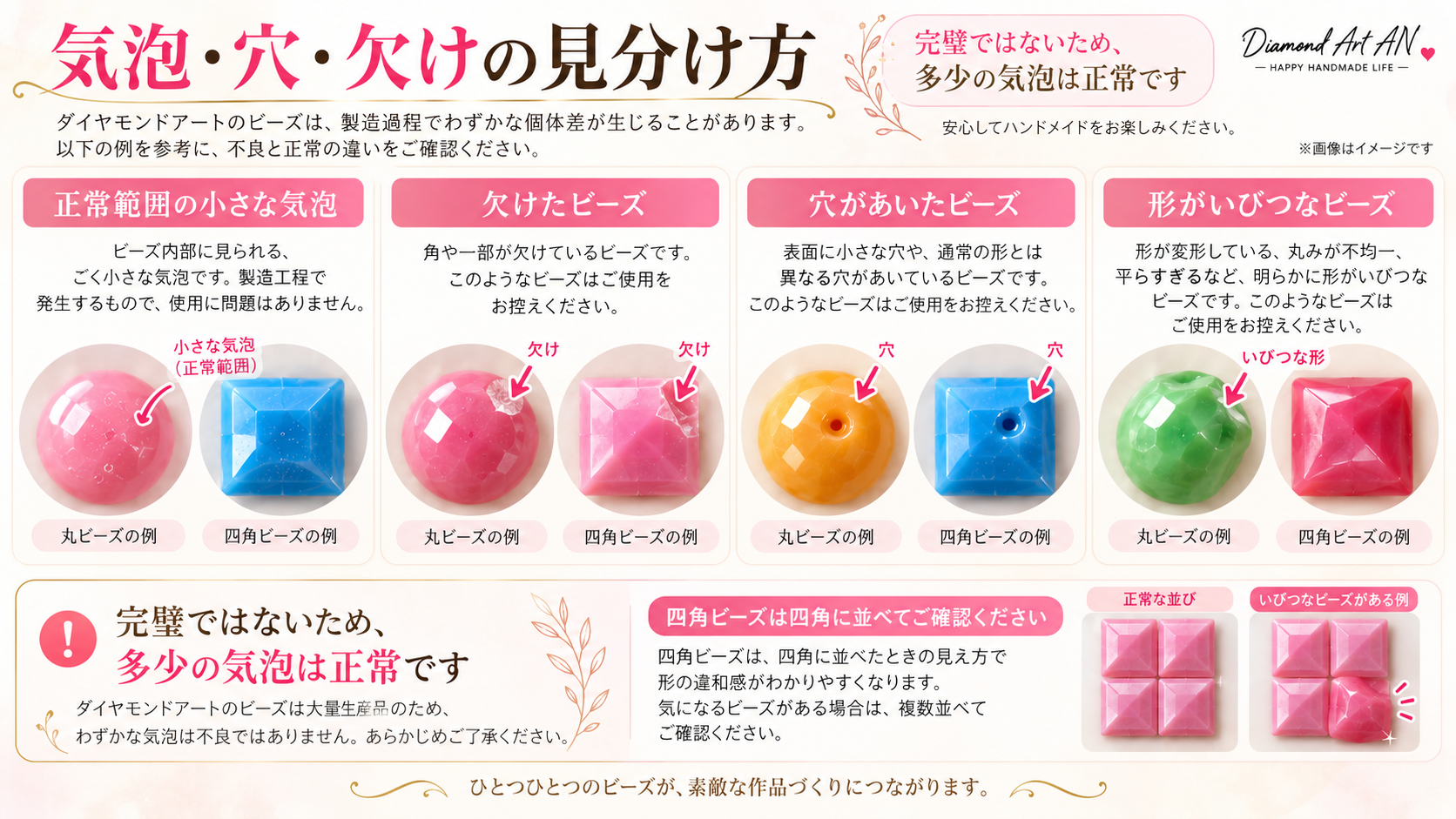 ダイヤモンドアートの正常範囲の小さな気泡と欠けたビーズ 穴があいたビーズ 変形ビーズの比較