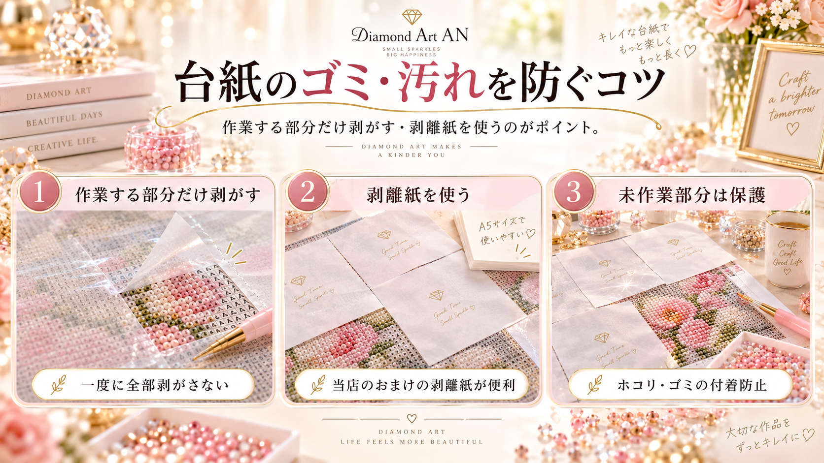 ダイヤモンドアートの台紙をゴミや汚れから守るために作業部分だけ剥がし剥離紙を使う方法