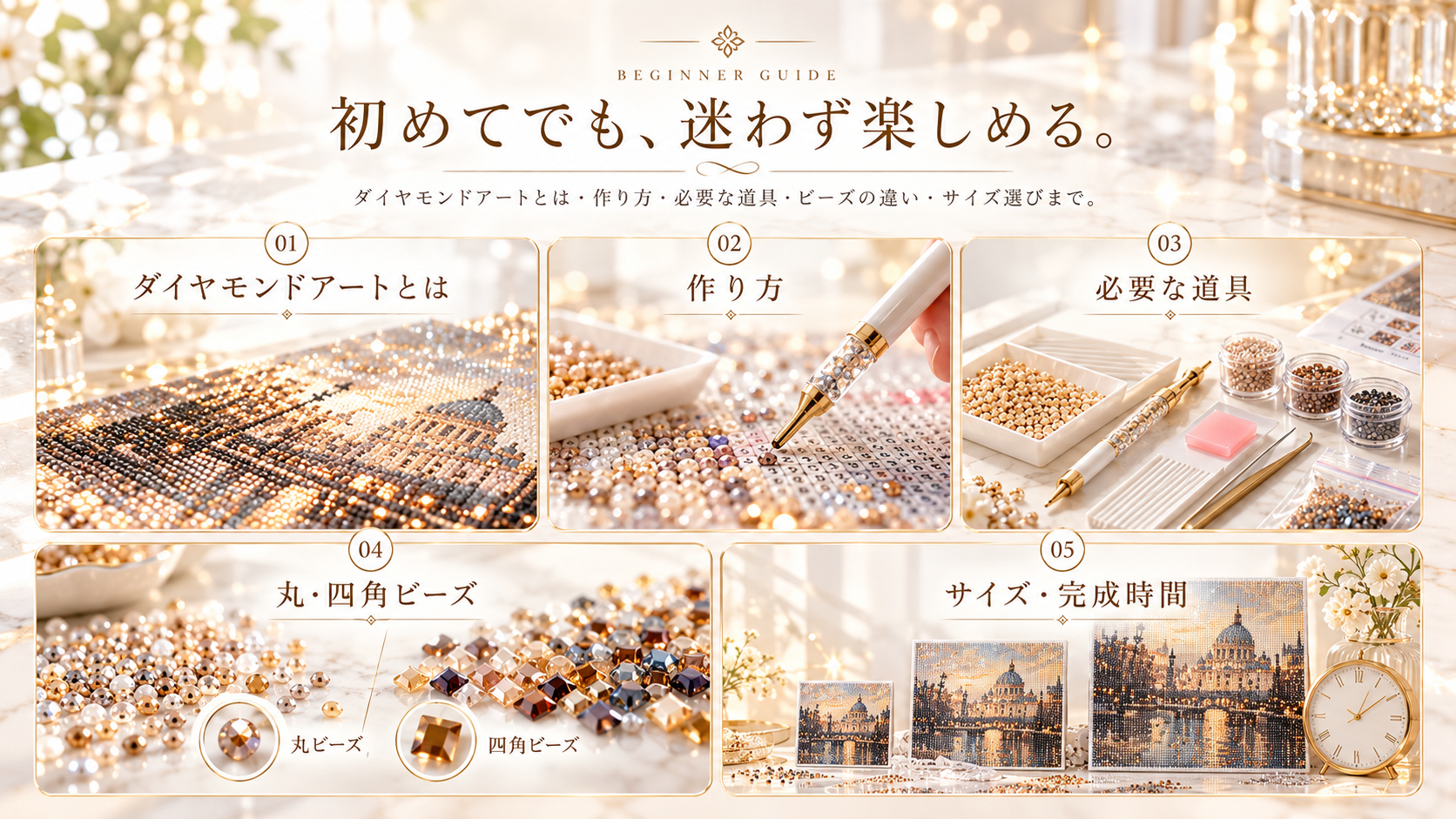 ダイヤモンドアート初心者向けガイド ダイヤモンドアートとは 作り方 丸ビーズ 四角ビーズ サイズ選び
