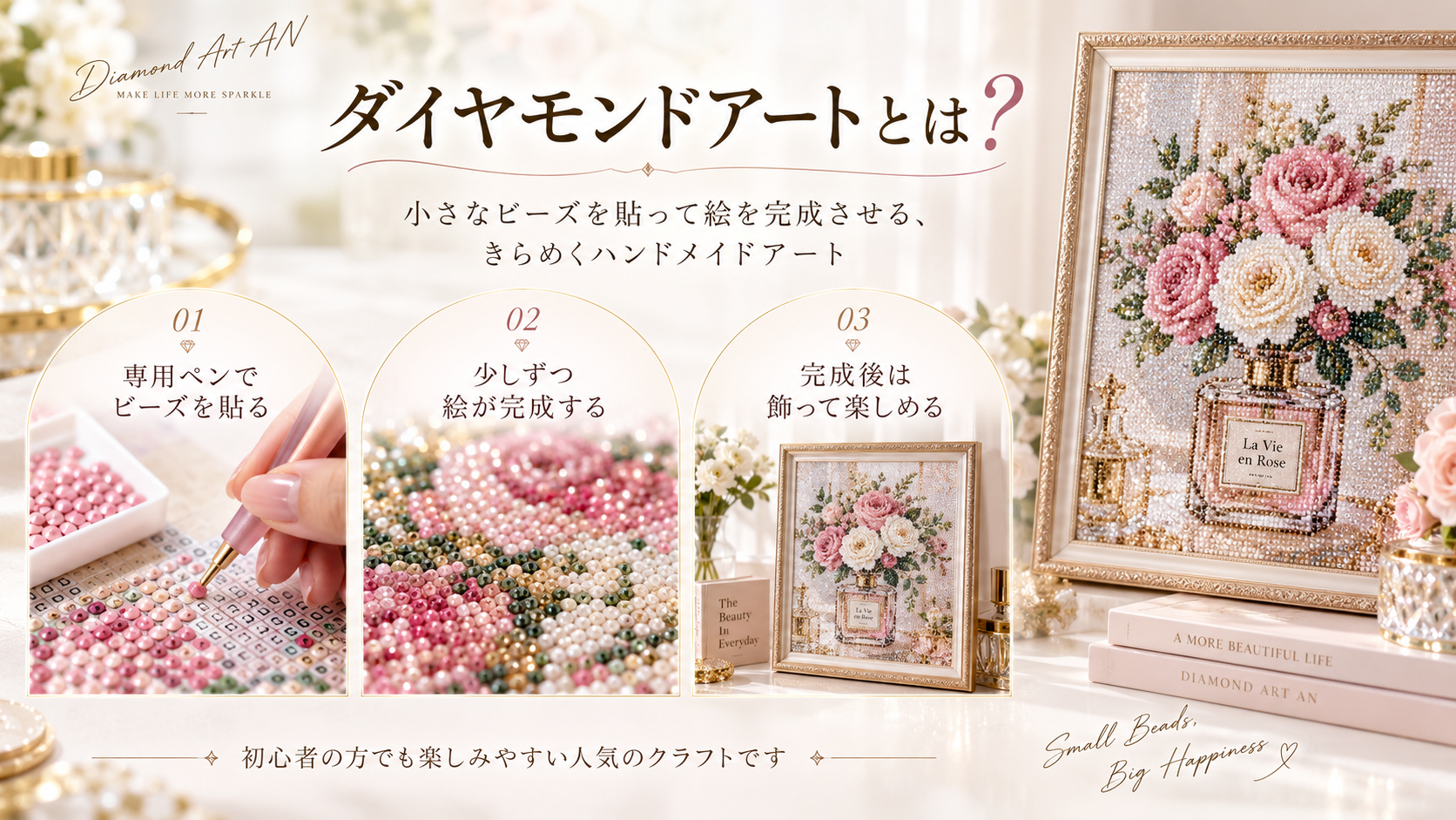 ダイヤモンドアートとは？小さなビーズを専用ペンで貼り、少しずつ絵を完成させて飾って楽しむハンドメイドアート