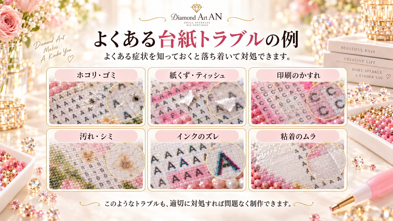 ダイヤモンドアートでよくある台紙トラブルの例 ホコリ 紙くず 印刷かすれ 汚れ インクズレ 粘着ムラ