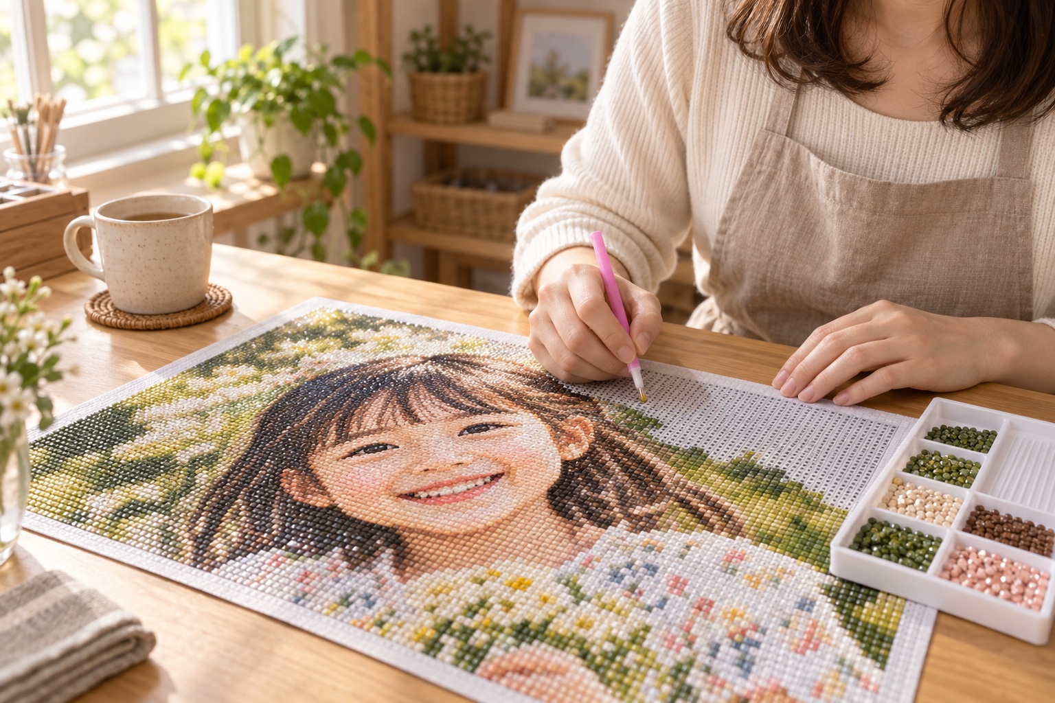 子供の写真から作ったオーダーメイドダイヤモンドアートを制作している様子