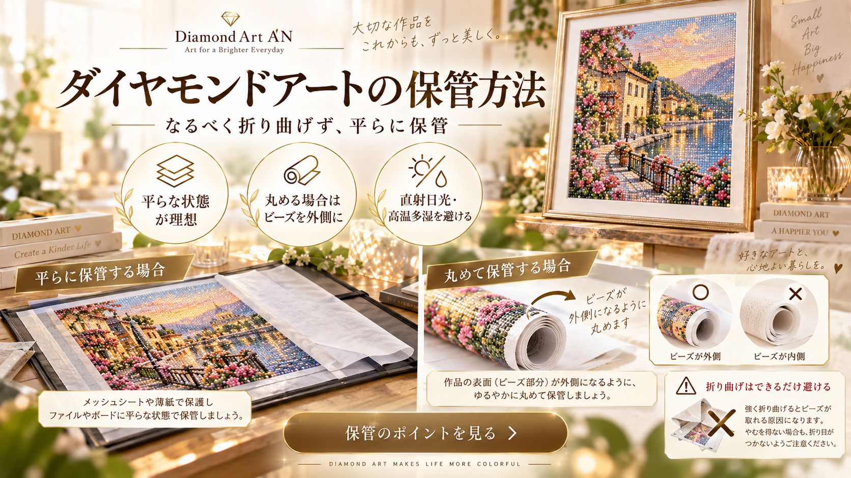 ダイヤモンドアートの保管方法 平らに保管 丸める場合はビーズ面を外側