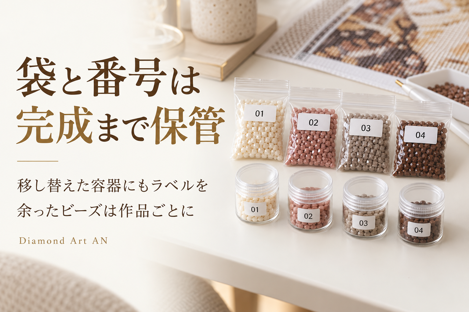 元の袋と番号は完成まで保管し、移し替えた容器にもラベルを付ける。余りビーズは作品ごとに分ける