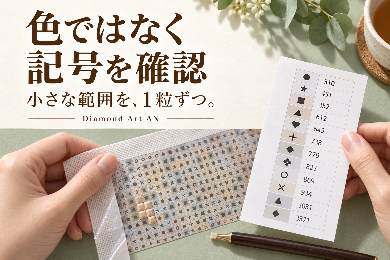 ミステリーアートは下絵の色ではなく記号を確認し、小さな範囲を1粒ずつ進める